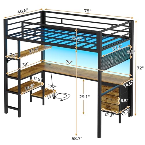 Twin Metal Loft Bed with L-Shaped Desk, LED Lights, Charging Station, Fabric Drawers & Shelves, White O61100