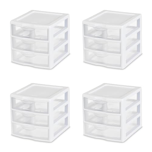 4-Pack 3 Drawer Plastic Desktop Organizer with Clear Drawers, White Frame J958