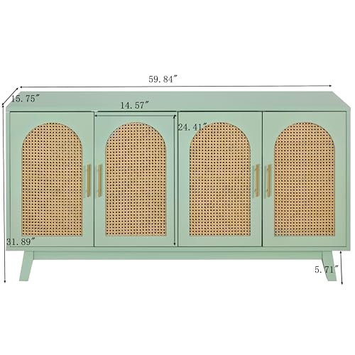 Mint Green Sideboard Storage Cabinet with Rattan Decorated 4 Doors E30599