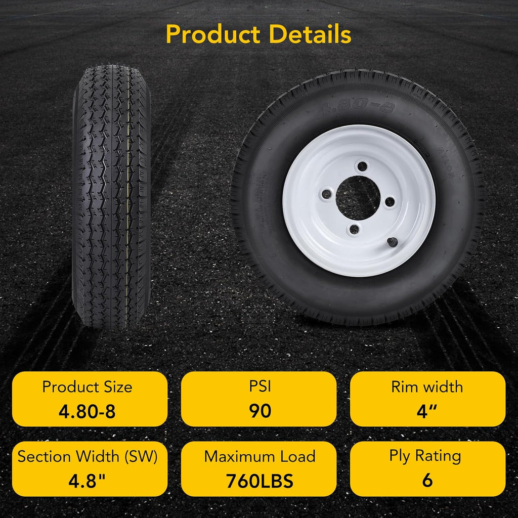 4.80-8 Trailer Tires with 8'' Rims, 4 Lug on 4'', Load Range C, 6PR F625894