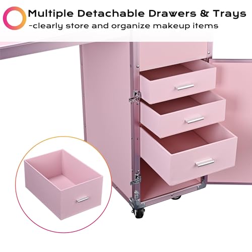 Pink Foldable Rolling Manicure Table with 4 Drawers T5849