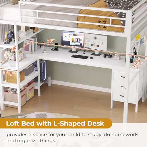 Twin Metal Loft Bed with L-Shaped Desk, LED Lights, Charging Station, Fabric Drawers & Shelves, White O61100