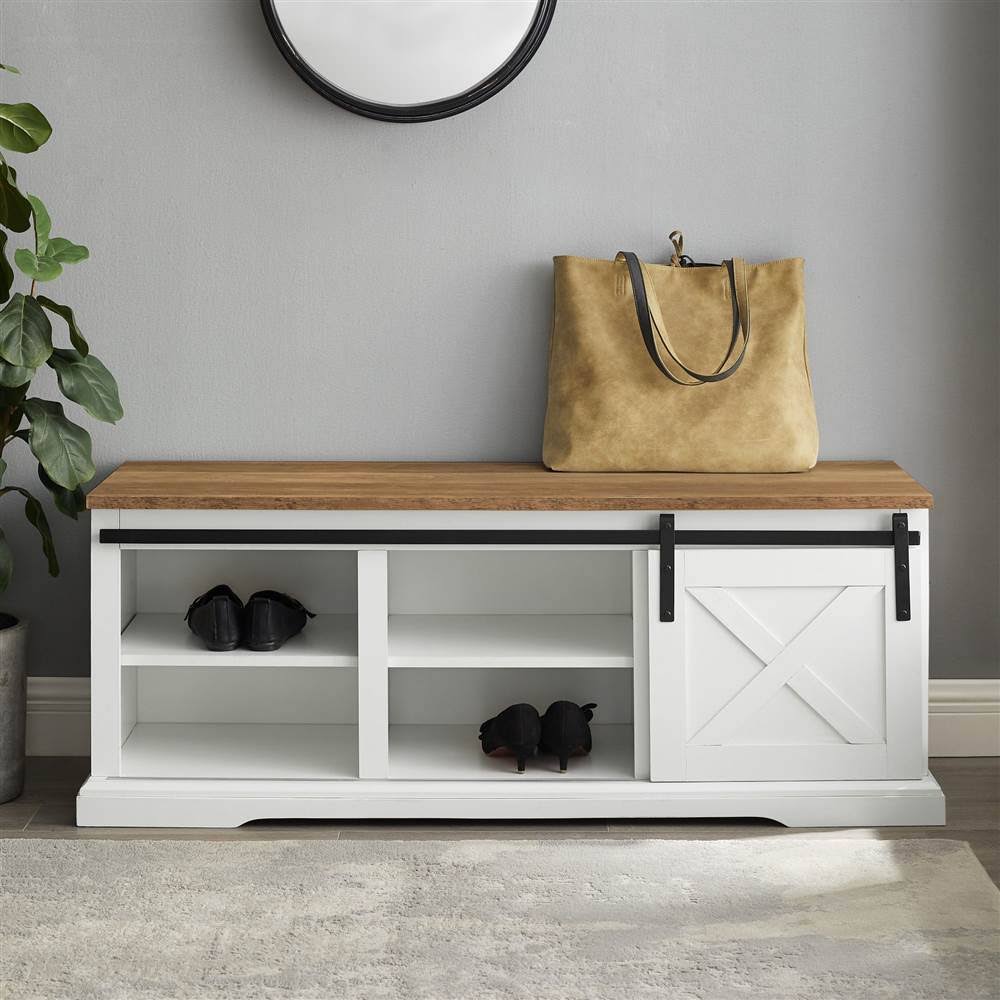 White Reclaimed Barnwood Sliding Barn Door Entry Bench G378