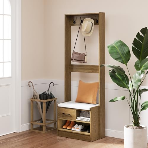 White Wood Hall Tree with Bench and Coat Rack C7381