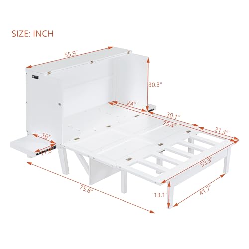 Full Size Murphy Bed with Desk, USB Port, and Shelves, White Wood Frame J83739