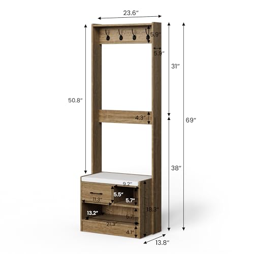 White Wood Hall Tree with Bench and Coat Rack C7381