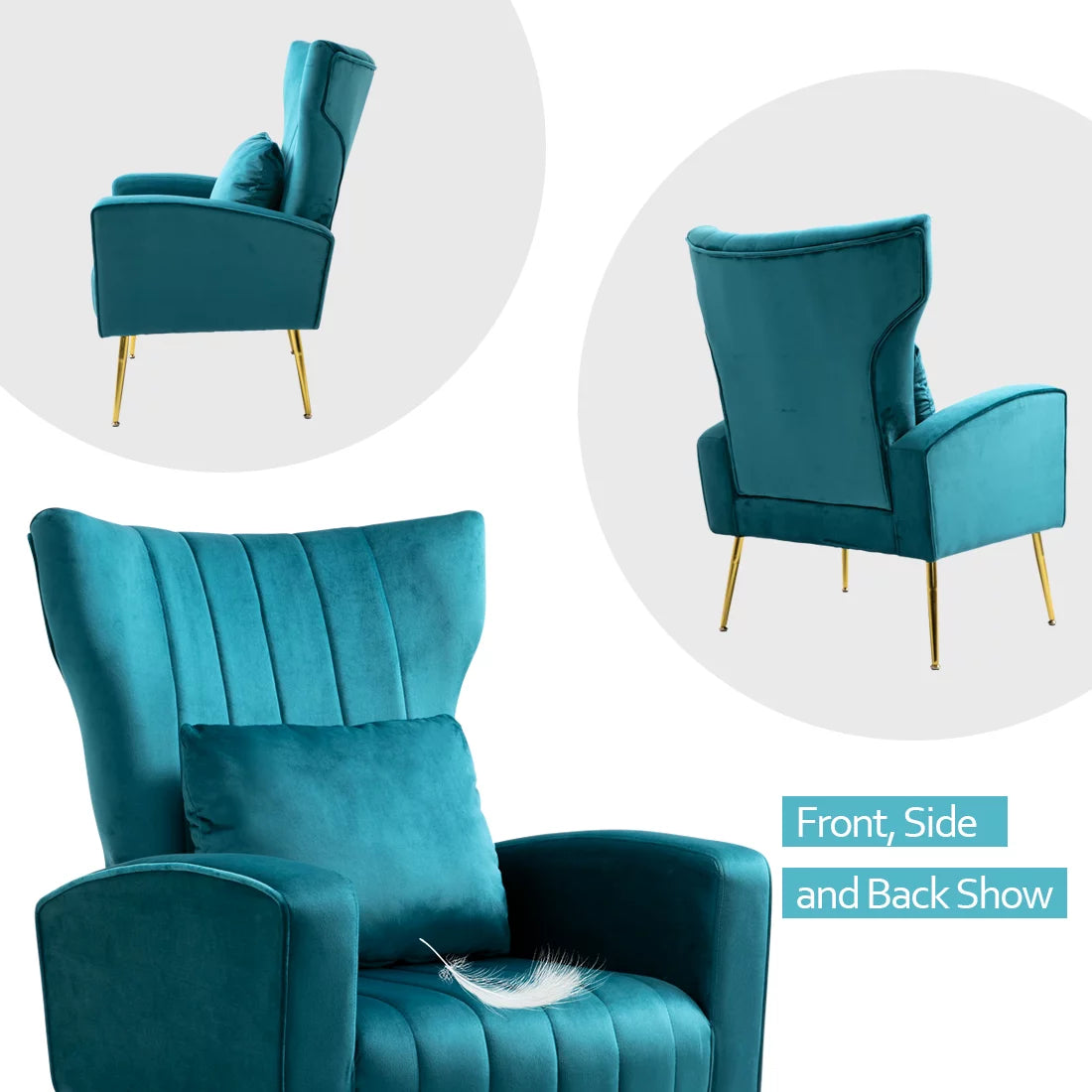 Blue Teal Velvet Accent Chair Set of 2 with Lumbar Pillow K6837