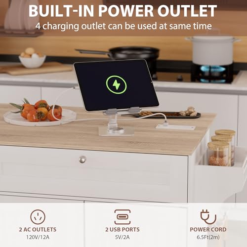 White Rolling Kitchen Island with Drop Leaf and Power Outlet Y441