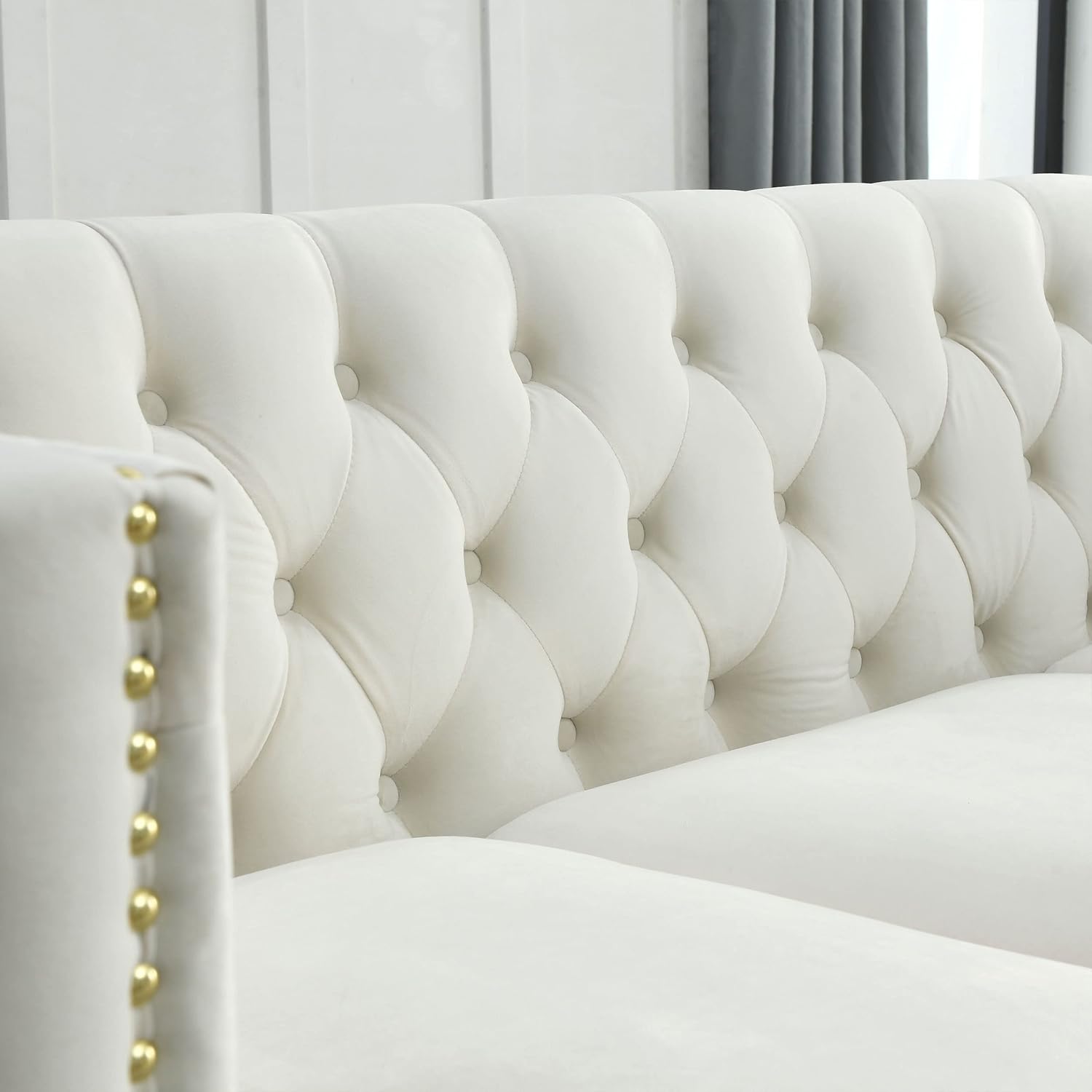Beige Velvet L-Shaped Corner Sofa 5-Seater with 3 Cushions N6689