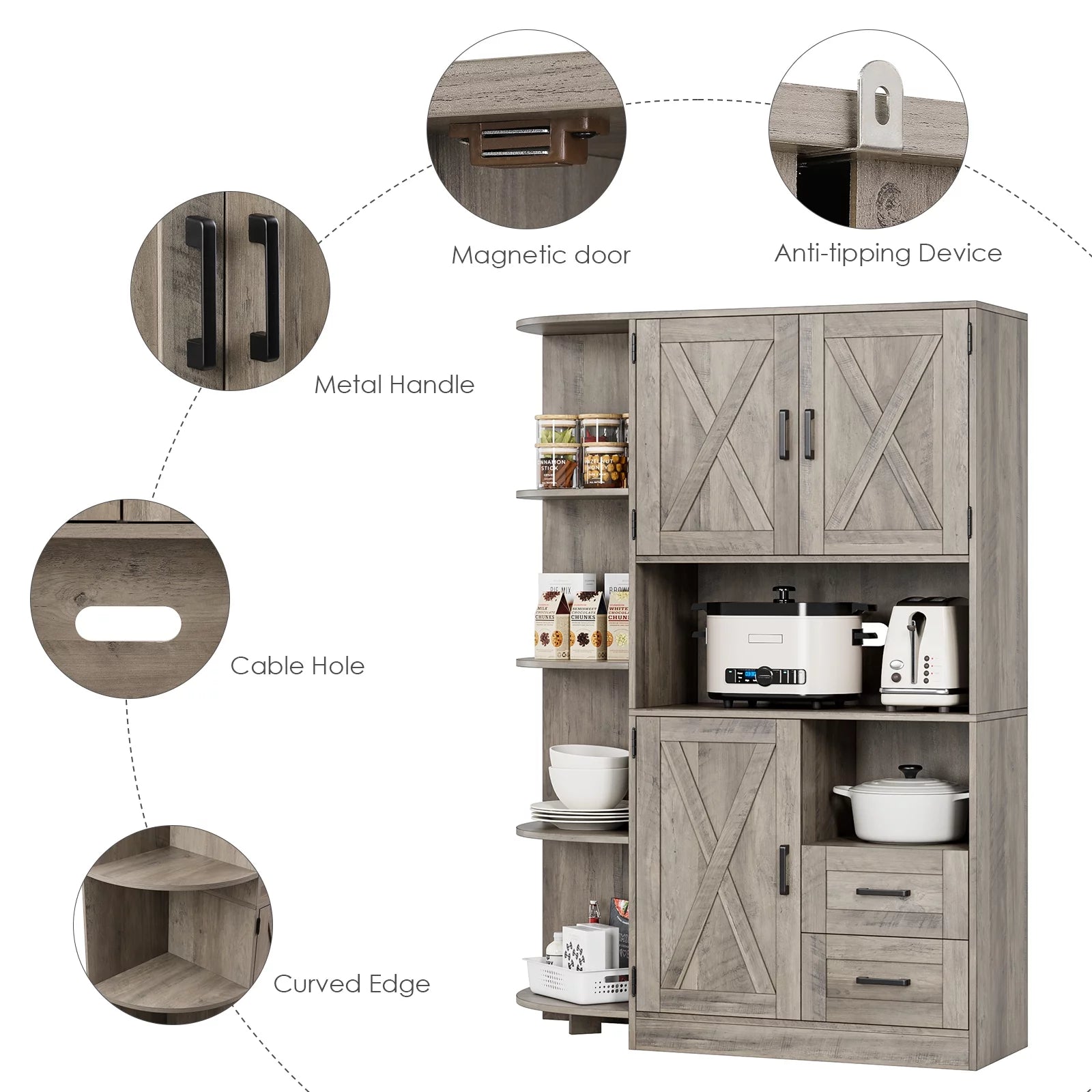 Large Kitchen Pantry with Adjustable Shelves, Tall Storage Cabinet, Wash Gray B22765