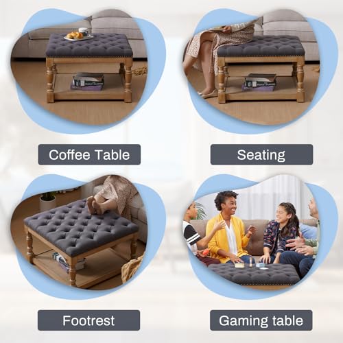 33-inch Large Square Ottoman Coffee Table with Storage Shelf and Solid Wood Legs Button Tufted Upholstered Linen Ottoman Stool (Beige) F1826