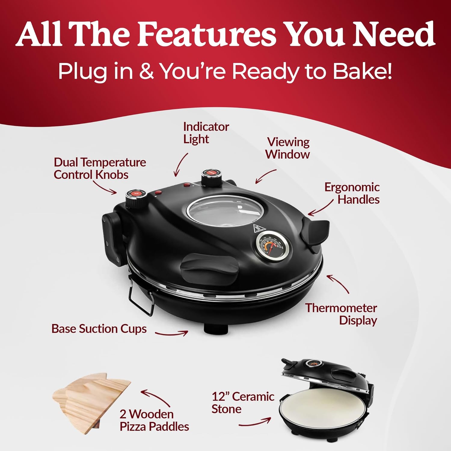 12 Inch Electric Pizza Oven with Pizza Cutter, Pizza Slicer and Serving Tray O604289