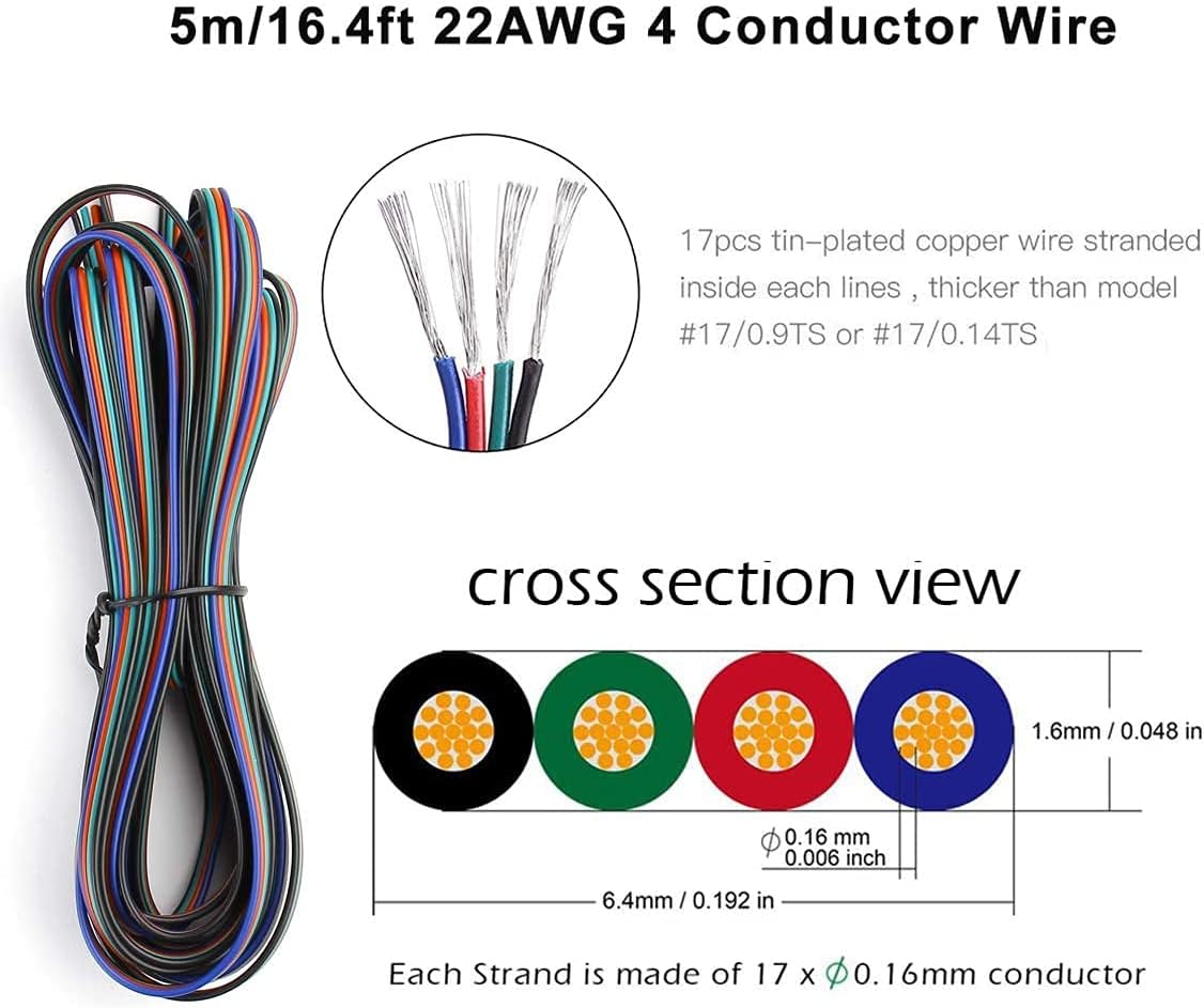 10 Pack 4 Pin LED Connector for 10mm RGB 5050 LED Strip Lights with 16.4ft Extension Cable C967