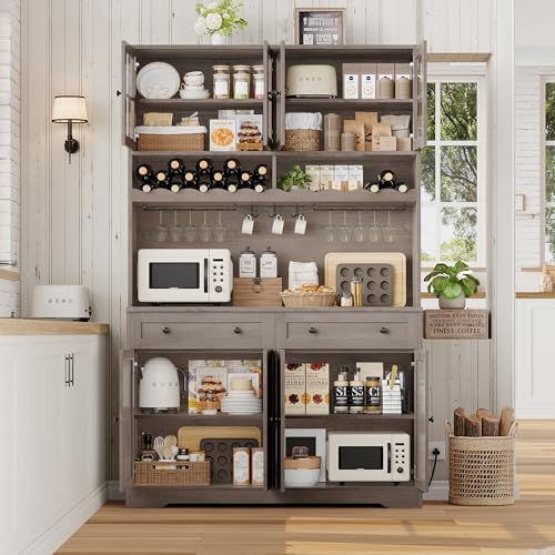 75.4" Tall White Kitchen Pantry Cabinet with Glass Doors and Drawers H780