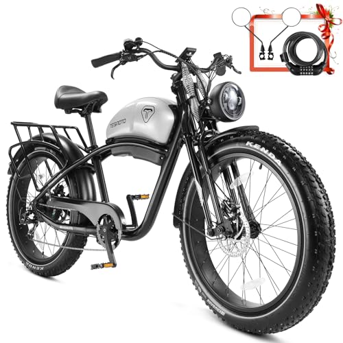 Electric Motorcycle 1500W Motor 52V 20AH 34MPH 75Mils Retro Style Moped Ebike 26"x4.0" Fat Tire Dual Hydraulic Full Suspension X9617