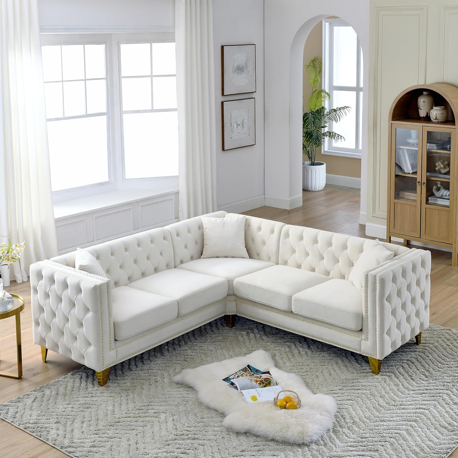 Beige Velvet L-Shaped Corner Sofa 5-Seater with 3 Cushions N6689