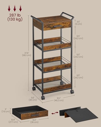 4-Tier Rolling Utility Cart with Table Top, Handles, Lockable Casters, Top Drawer, Mesh Shelves, Rustic Brown and Ink Black L185
