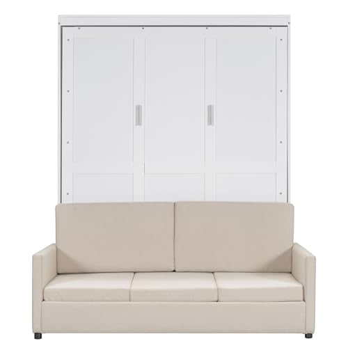 White Queen Size Wooden Murphy Bed with Cushion and Sofa Q89833