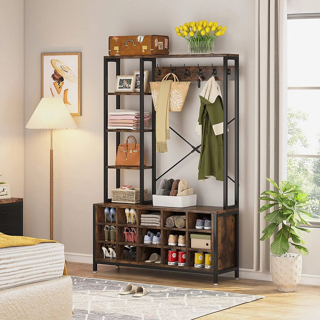 Industrial Hall Tree with Bench and Shoe Storage and Coat Rack P3012