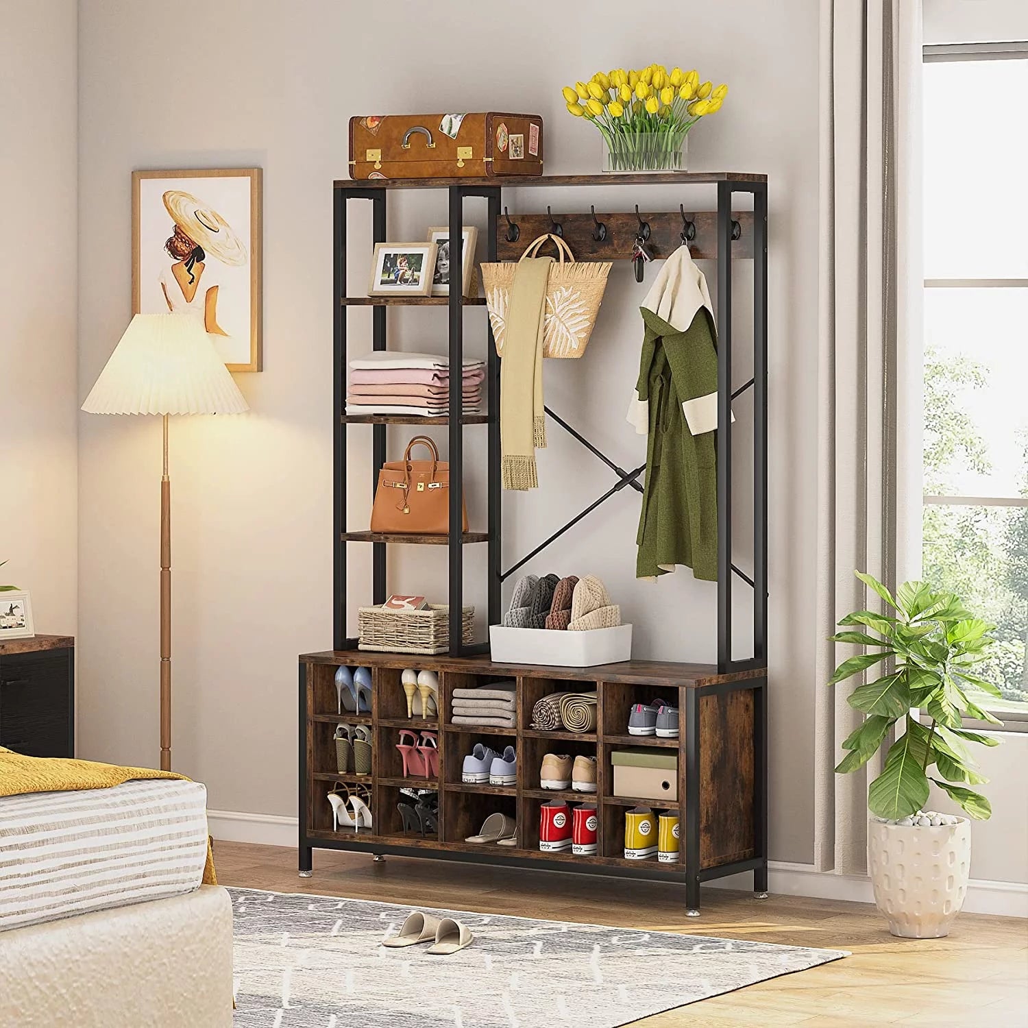Industrial Hall Tree with Bench and Shoe Storage and Coat Rack P3012