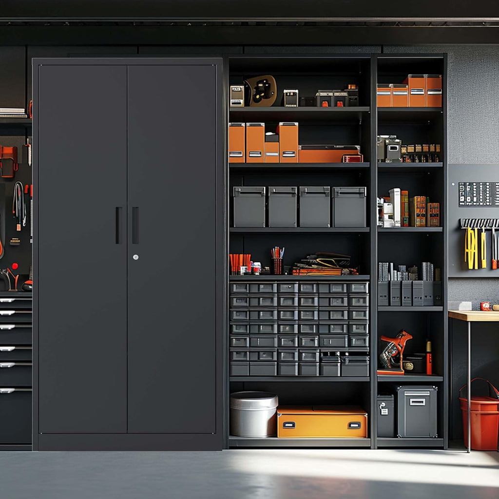 Black Metal Garage Storage Cabinet with Doors and 4 Shelves N9312