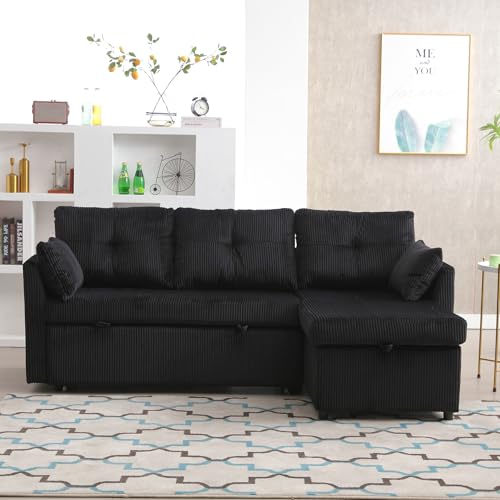 Beige Corduroy L-Shaped Sofa Bed with Storage Chaise C339