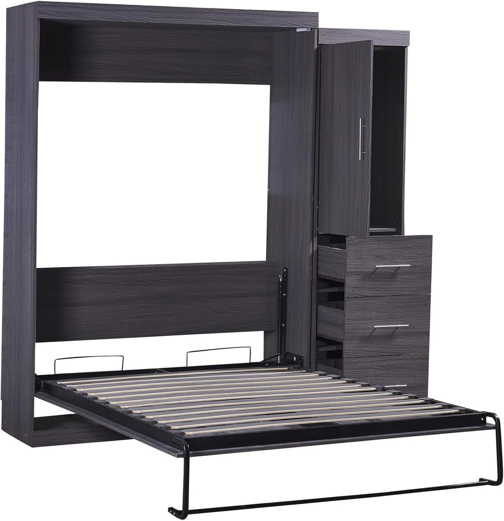 Gray Full Size Murphy Bed with Wardrobe and 3 Drawers T853257
