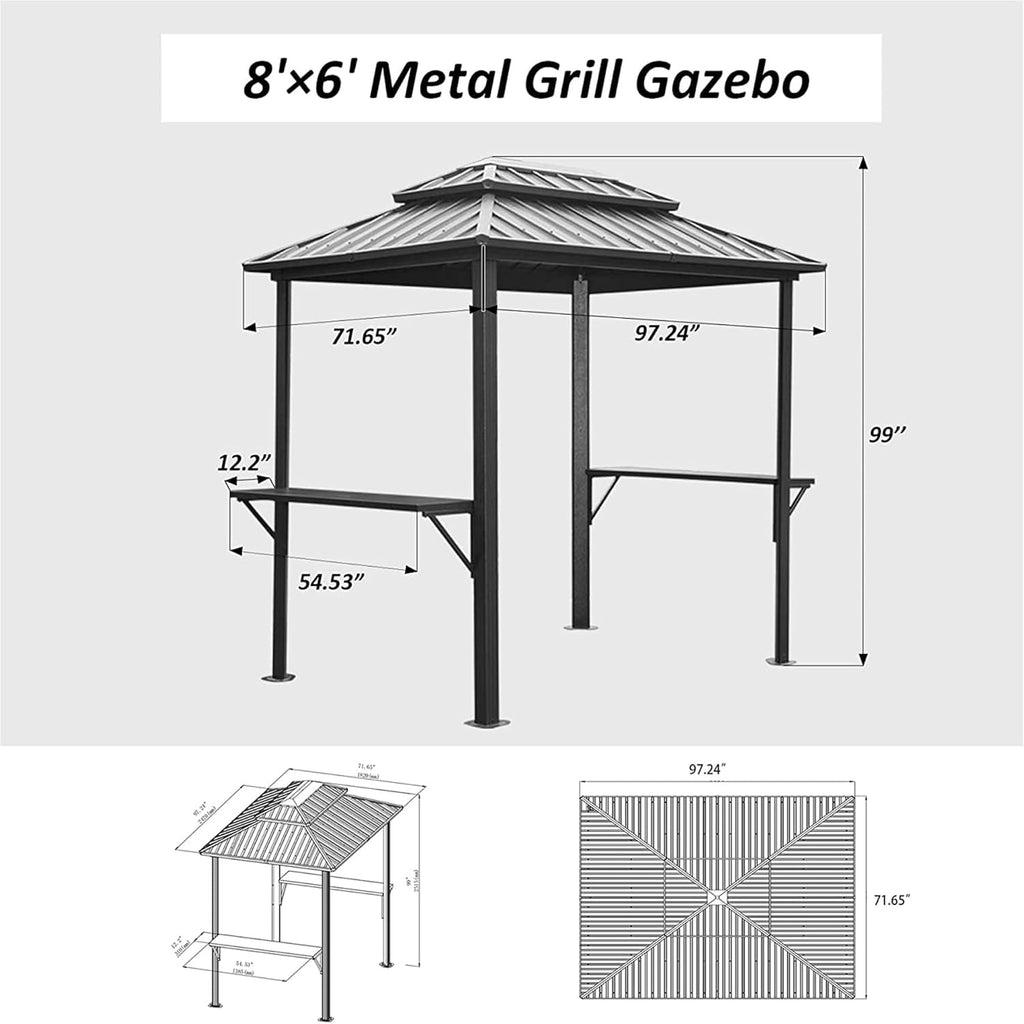 Gray 8x6FT Outdoor Aluminum Hardtop Grill Gazebo with Double Roof W6859