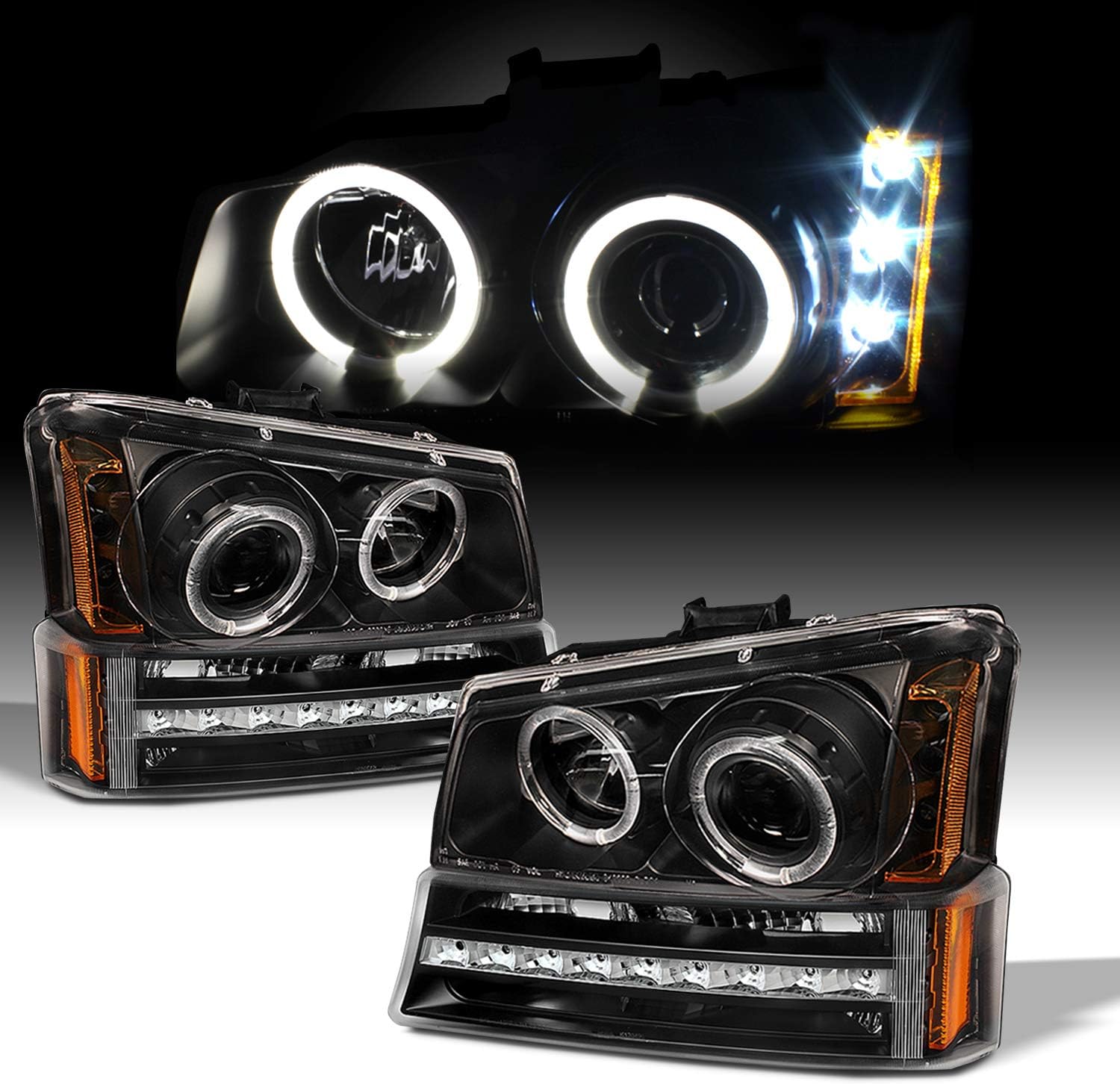 Black Housing Dual Halo Projector Headlights with LED Bumper Signal Lamps M450
