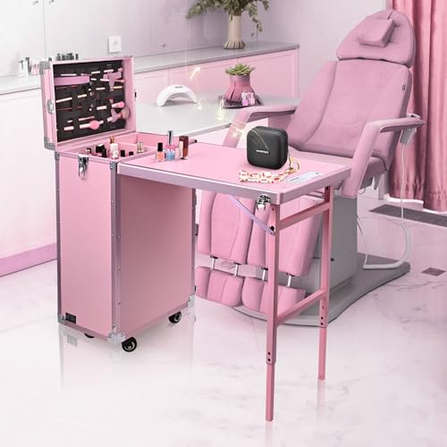 Pink Foldable Rolling Manicure Table with 4 Drawers T5849