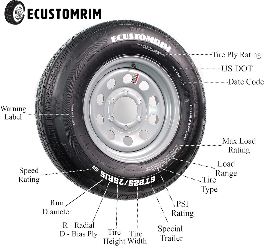 Radial Trailer Tire On Rim ST205/75R15 15 5 Lug Wheel White Modular J90933