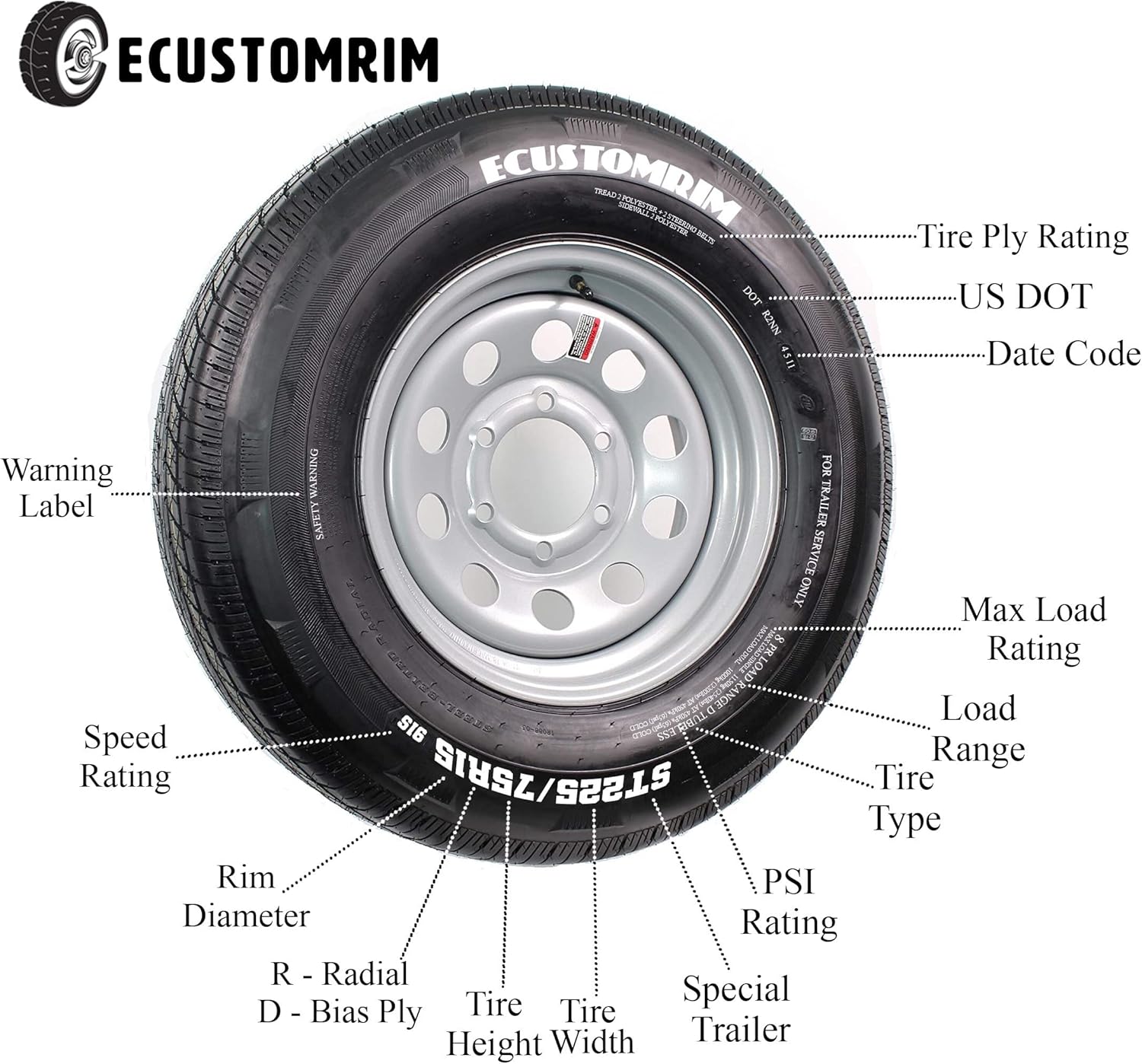 Radial Trailer Tire On Rim ST205/75R15 15 5 Lug Wheel White Modular J90933