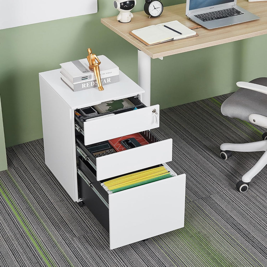 White 3 Drawer Steel Mobile File Cabinet with Lock H49373