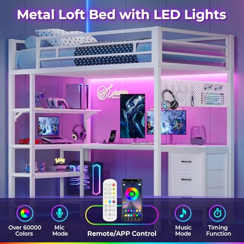 Twin Metal Loft Bed with L-Shaped Desk, LED Lights, Charging Station, Fabric Drawers & Shelves, White O61100