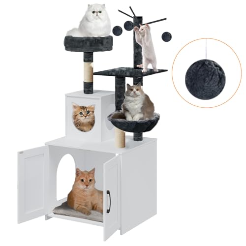 Grey Wood Cat Tree with Litter Box Enclosure A89987