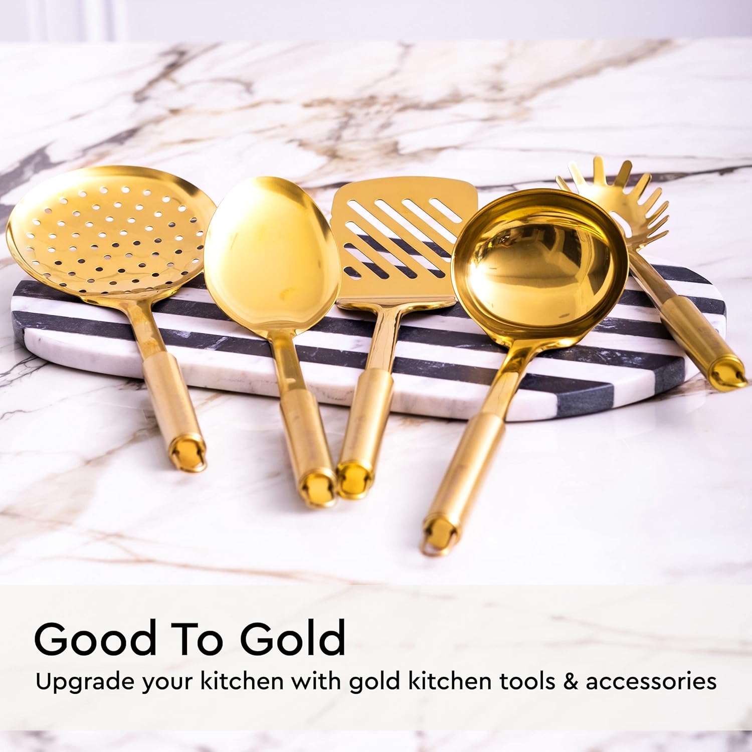 19 Piece Black and Gold Knife Set with Block Self Sharpening and Cooking Utensils Set K3755