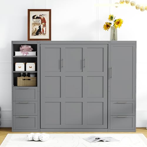 White Queen Size Murphy Bed with Closet and Drawers Y83470