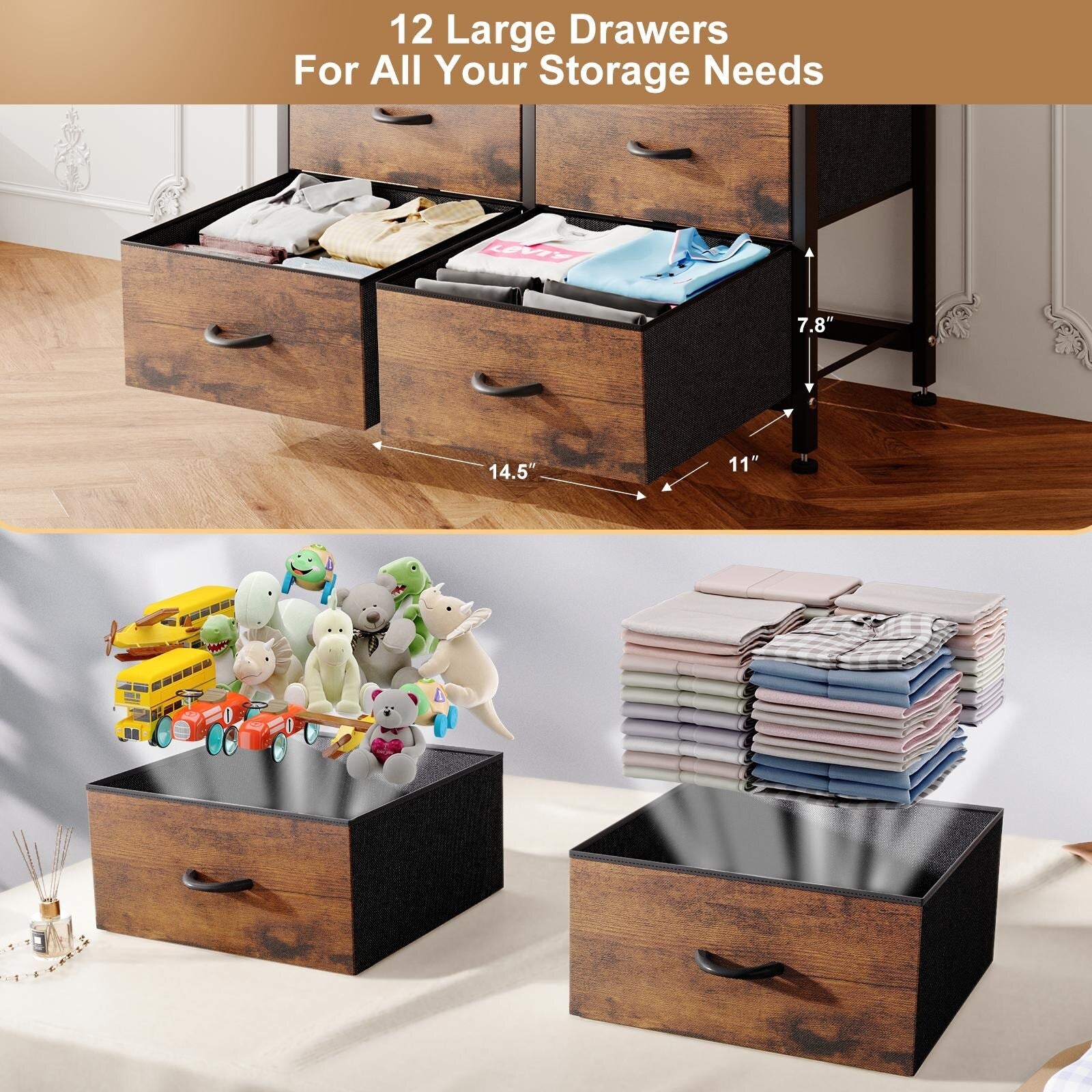12 Drawer Tall Fabric Dresser Rustic Brown F733