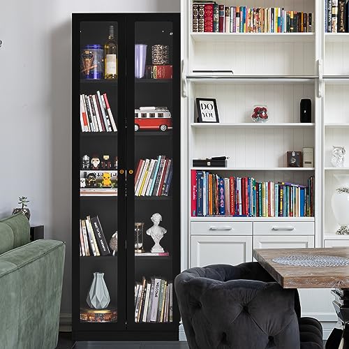 Black Metal 2 Door Glass Curio Cabinet with Adjustable Shelves 5 Tier Bookcase F79649