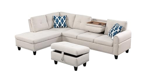 Blue 3 Piece Upholstered Pull Out Couch Bed with Storage Chaise N50819