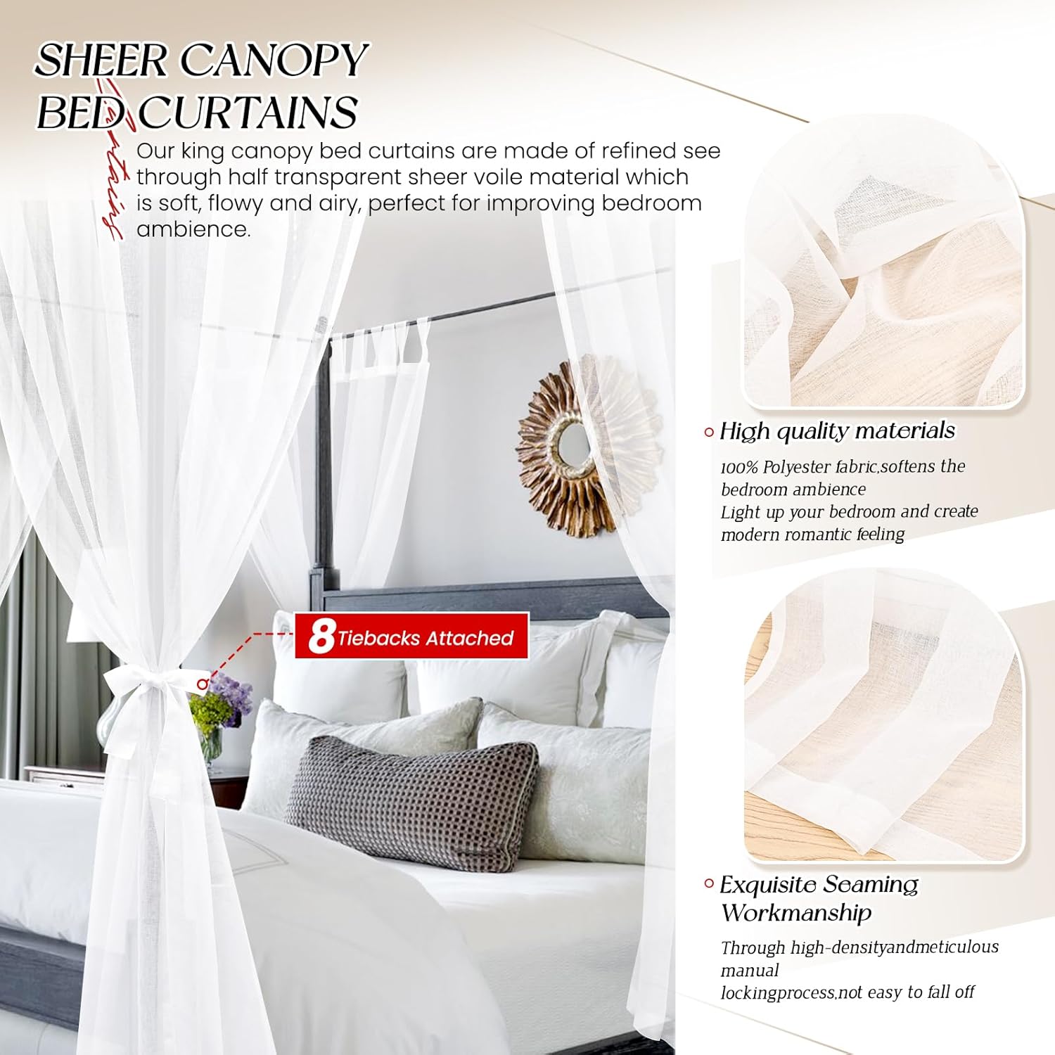 8 Panels White Sheer Canopy Curtains (42"x74") Z4851