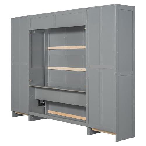 White Queen Size Murphy Bed with Closet and Drawers Y83470