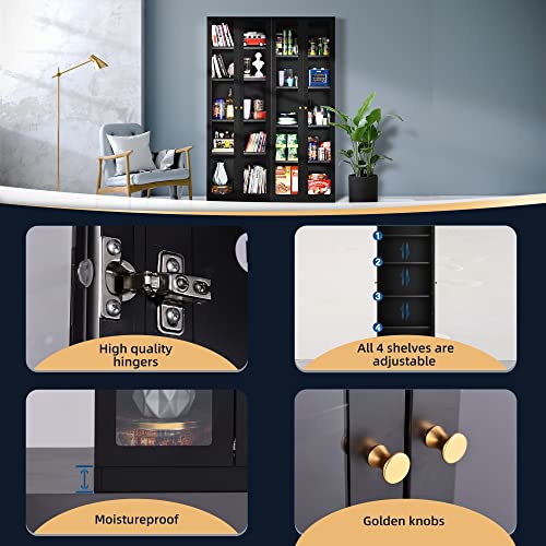 Black Metal 2 Door Glass Curio Cabinet with Adjustable Shelves 5 Tier Bookcase F79649