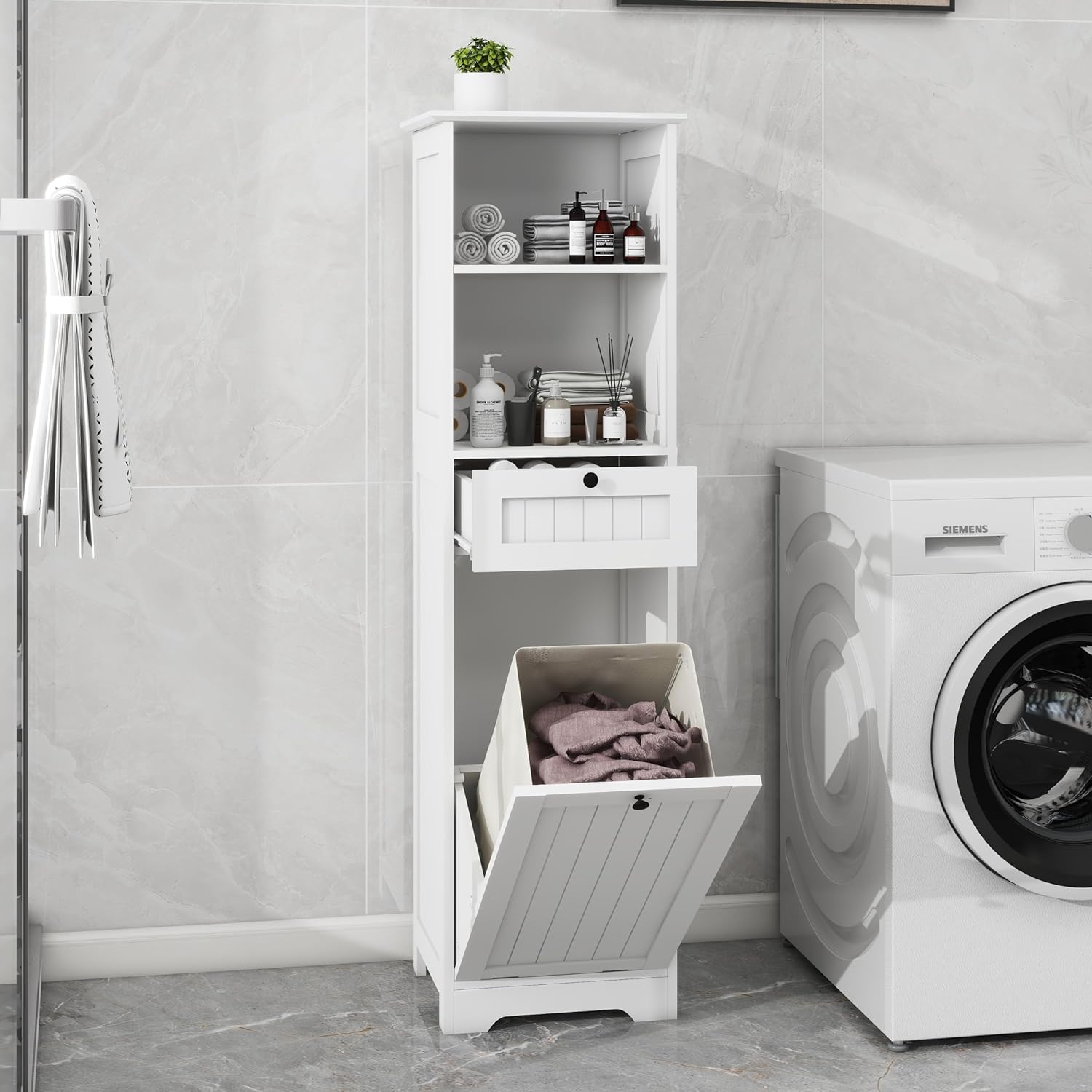 Compact Laundry Sorter Cabinet with Tilt-Out Basket Drawer White G8270