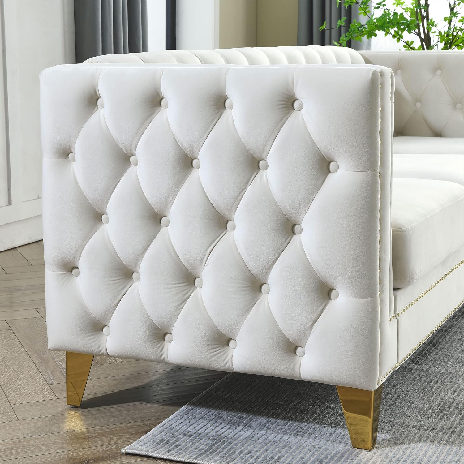 Beige Velvet L-Shaped Corner Sofa 5-Seater with 3 Cushions N6689