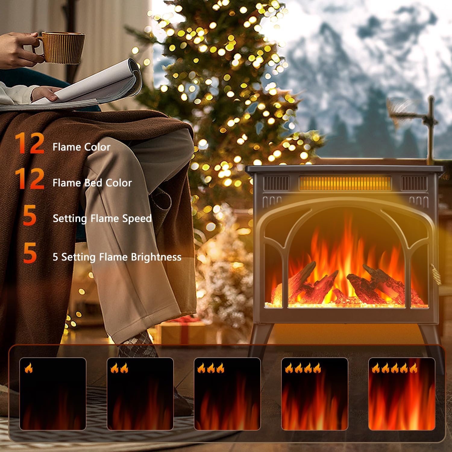 25" Freestanding Electric Fireplace Heater with 12 Flame Color Y15866