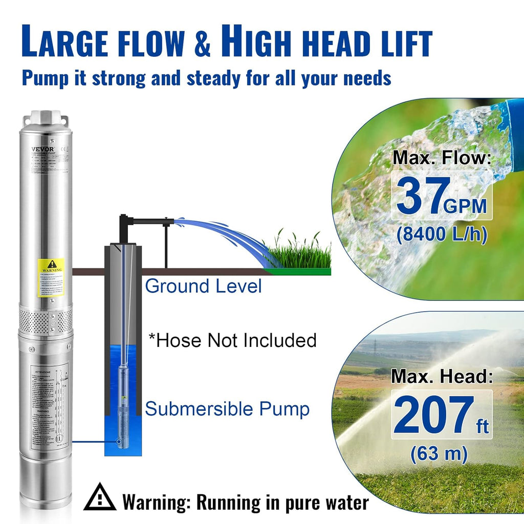 1HP 37gpm 207ft 0.5HP 28gpm 167ft Head 4" Stainless Steel Submersible Pump R724