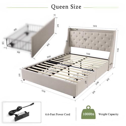 Full Size Upholstered Platform Bed with Button Tufted Storage Headboard and 4 Storage Drawers D33693