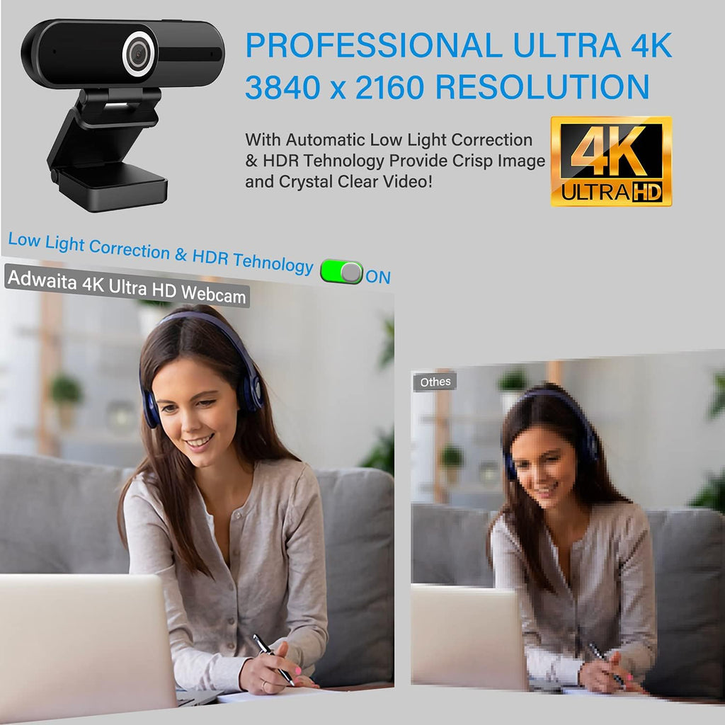 4K Webcam with Microphone 8MP USB 1080P Privacy Cover Mini Tripod Pack of 2 E932336