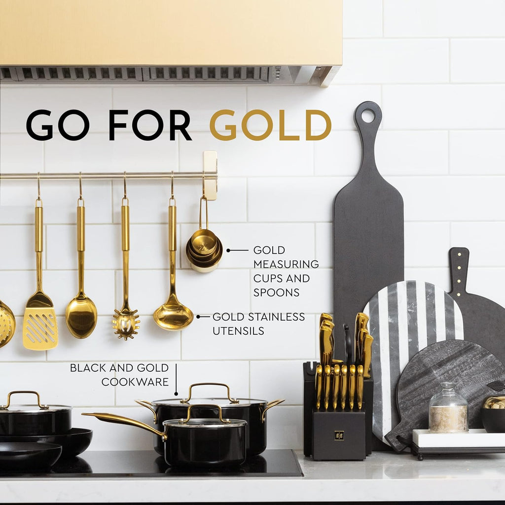19 Piece Black and Gold Knife Set with Block Self Sharpening and Cooking Utensils Set K3755
